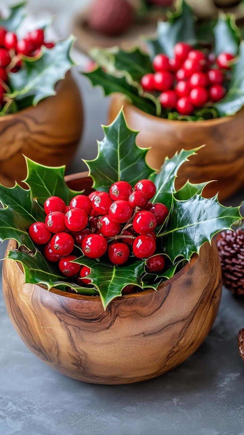15 New Winter Floral Arrangements For Stunning Centerpieces 10 4. Berries in Rustic Wooden Bowls-1