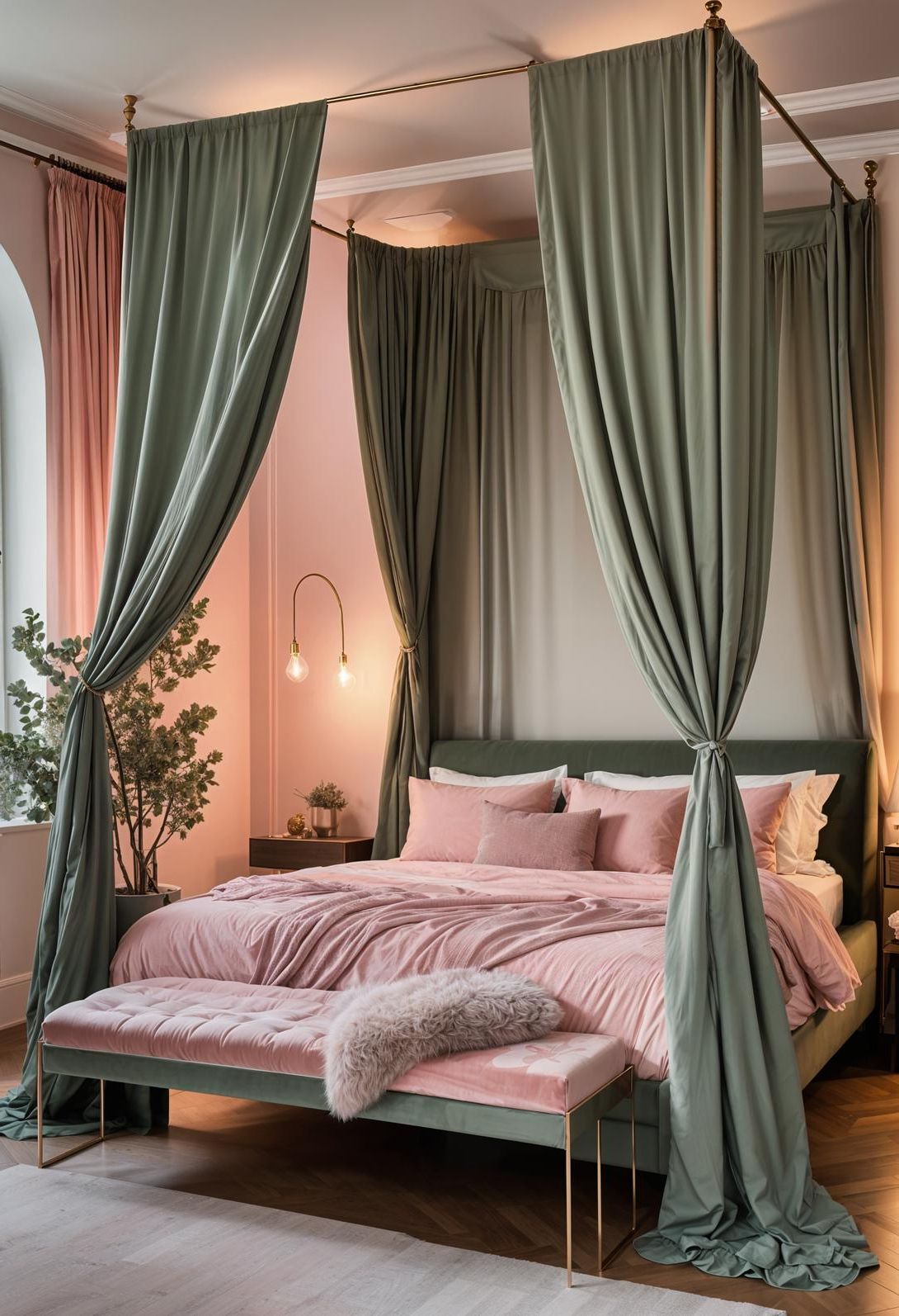 31 Chic Sage Green and Pink Bedroom Inspirations 27 17. Serene Canopy Bed Color Pairing-0