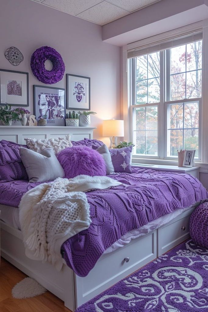 purple white and silver small dorm room inspo
