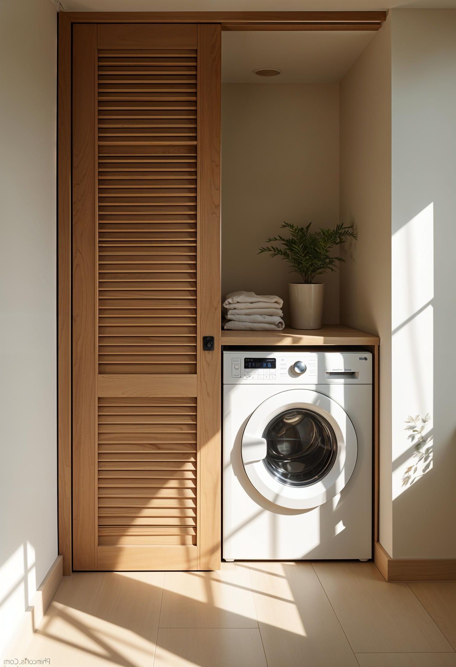 20 Genius Tiny Laundry Room Ideas: Organization & Stacked Design 19 7. Hidden laundry closet with sliding slatted wooden doors-2