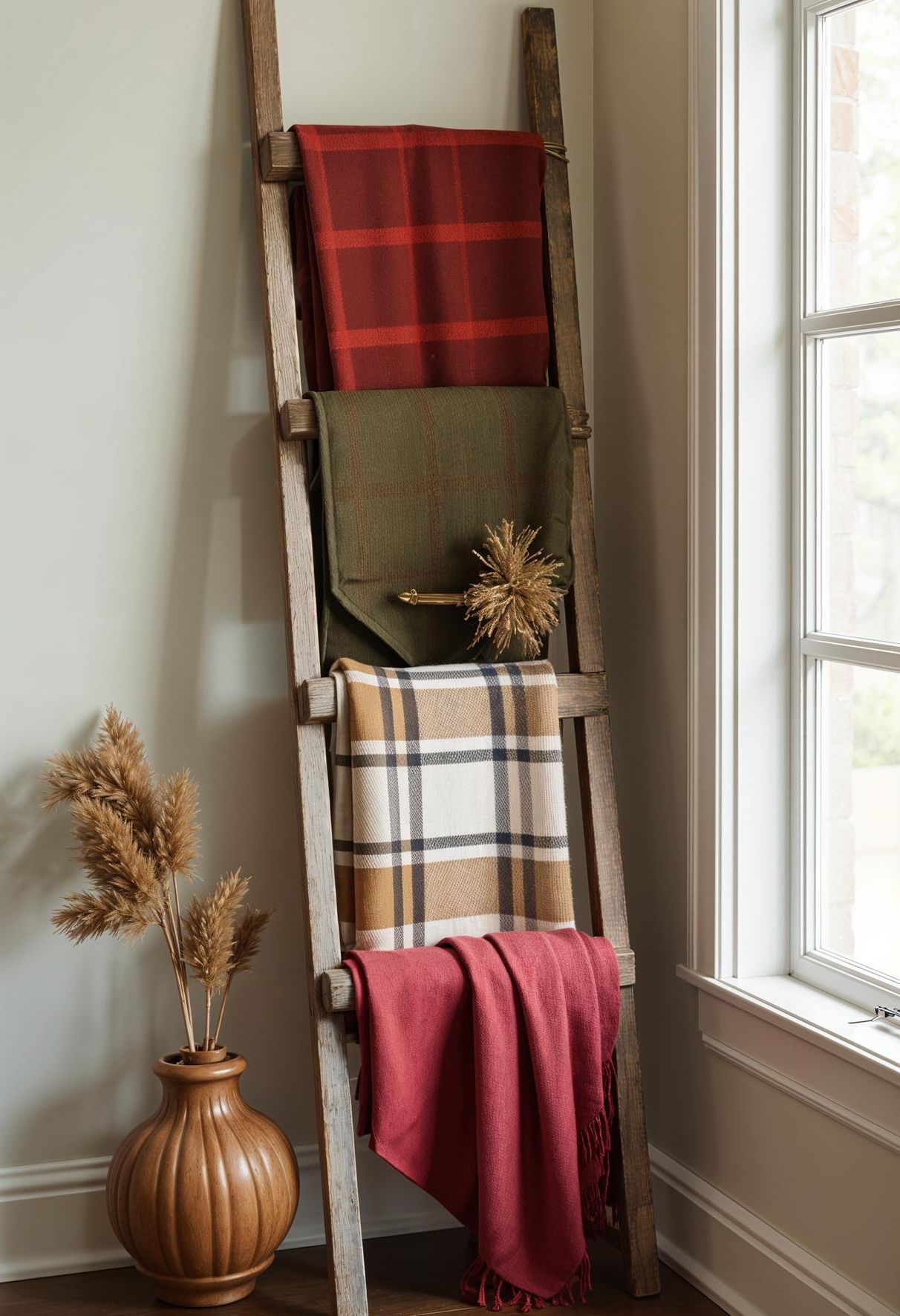 15 Cozy Fall Decor Ideas for Your Home 28 10. Rustic Blanket Display on Ladder-1