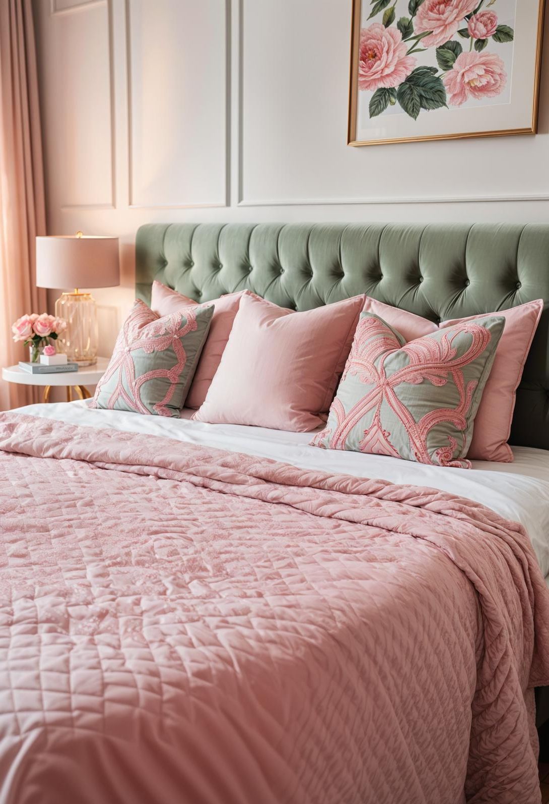 31 Chic Sage Green and Pink Bedroom Inspirations 40 26. Embroidered Throw Pillows: Sage Pink-1