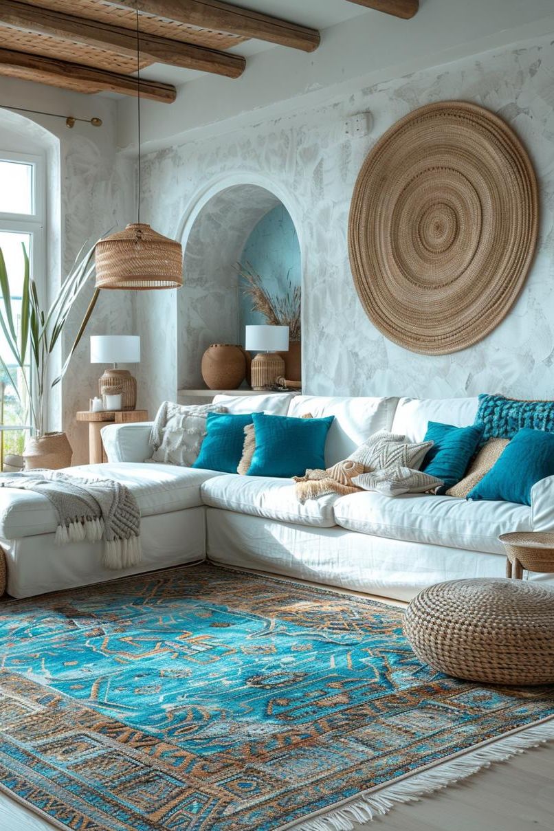 15 Stunning Boho Coastal Living Room Ideas for a Beachy Home 16 5. Boho Coastal Rug Styling Ideas-2