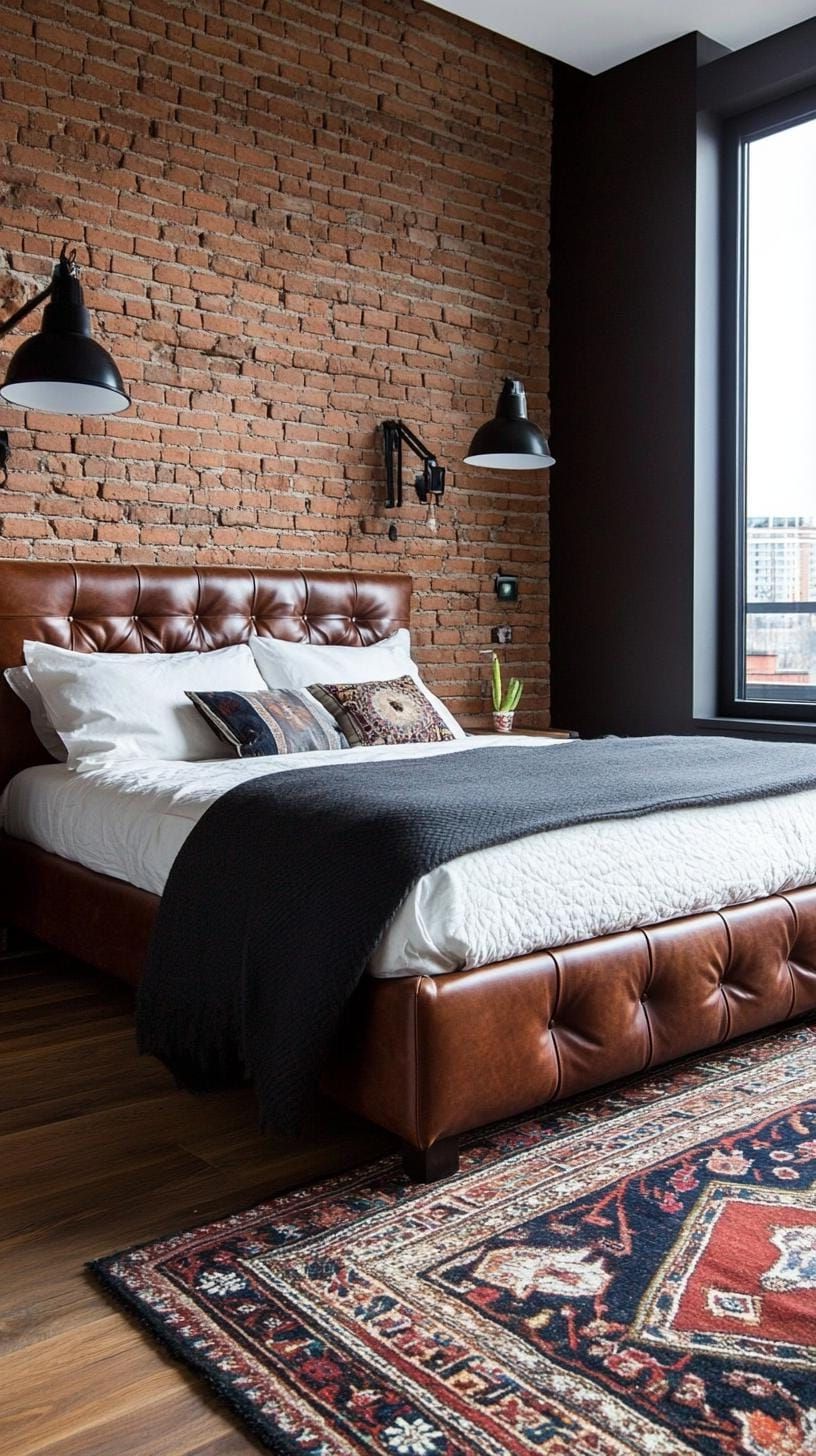 21 Modern Bedroom Ideas For Your 2025 Makeover 8 2. Industrial chic with exposed brick, metal elements, and leather accents-1