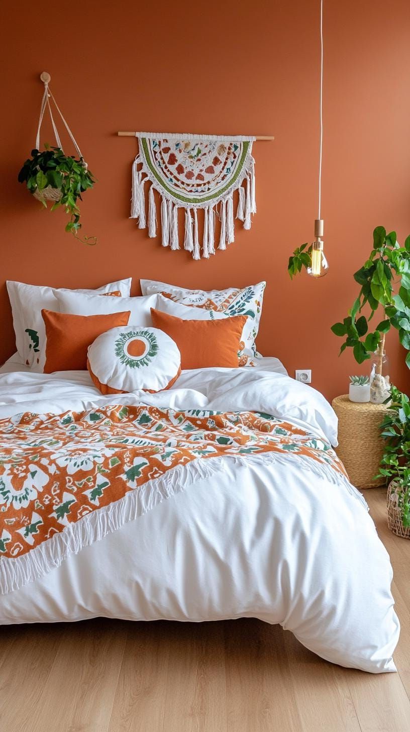 22. Bold terracotta walls with patterned bedspread and cozy lights-0