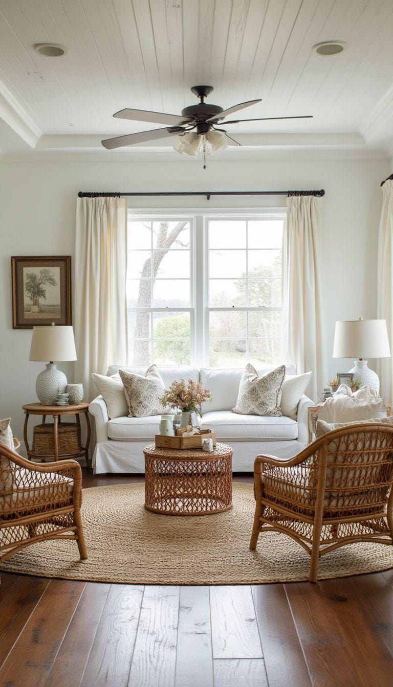 20 Unique Coastal Farmhouse Living Room Ideas That Wow 8 2. Use jute rugs and rattan accents to blend farmhouse coziness with beachy textures-2