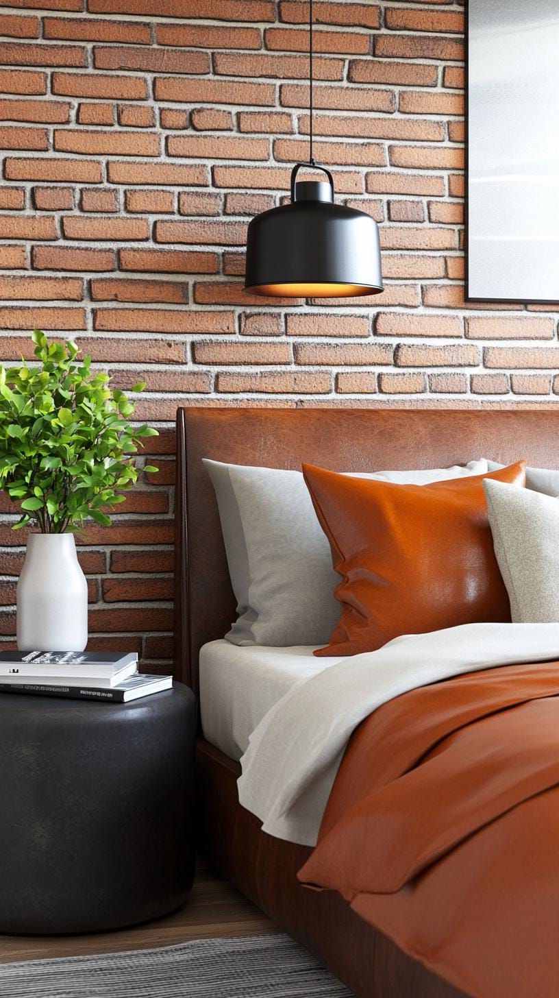21 Modern Bedroom Ideas For Your 2025 Makeover 9 2. Industrial chic with exposed brick, metal elements, and leather accents-2