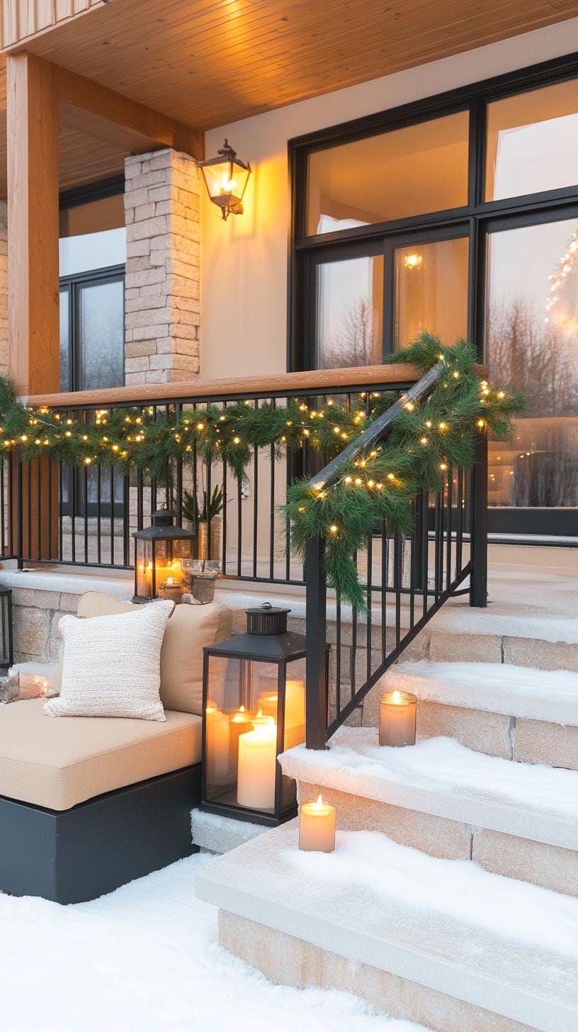 7. Winter wonderland using evergreen garlands, oversized lanterns, and a cozy firepit-2