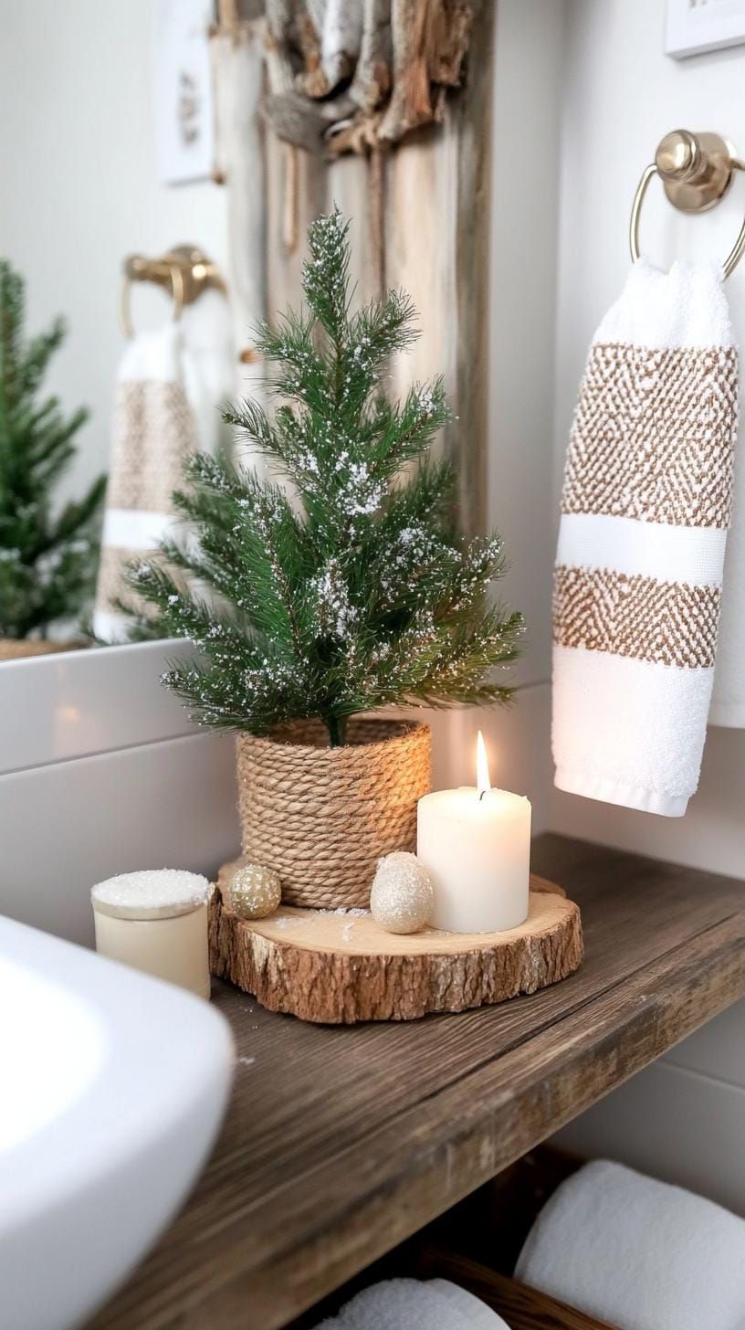 19 Simple Christmas Decor Ideas for Small Bathrooms 6 4. Small artificial tree with faux snow accents on shelf-0