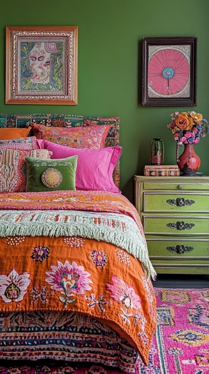 12. Eclectic Vintage Charm: Layer retro patterns of burnt oranges and avocado greens with antique finds-1