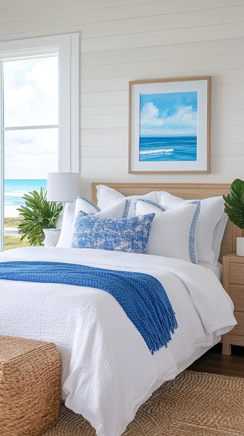 21 Modern Bedroom Ideas For Your 2025 Makeover 38 11. Coastal retreat mixing airy whites, sea-inspired blues, and driftwood details-1