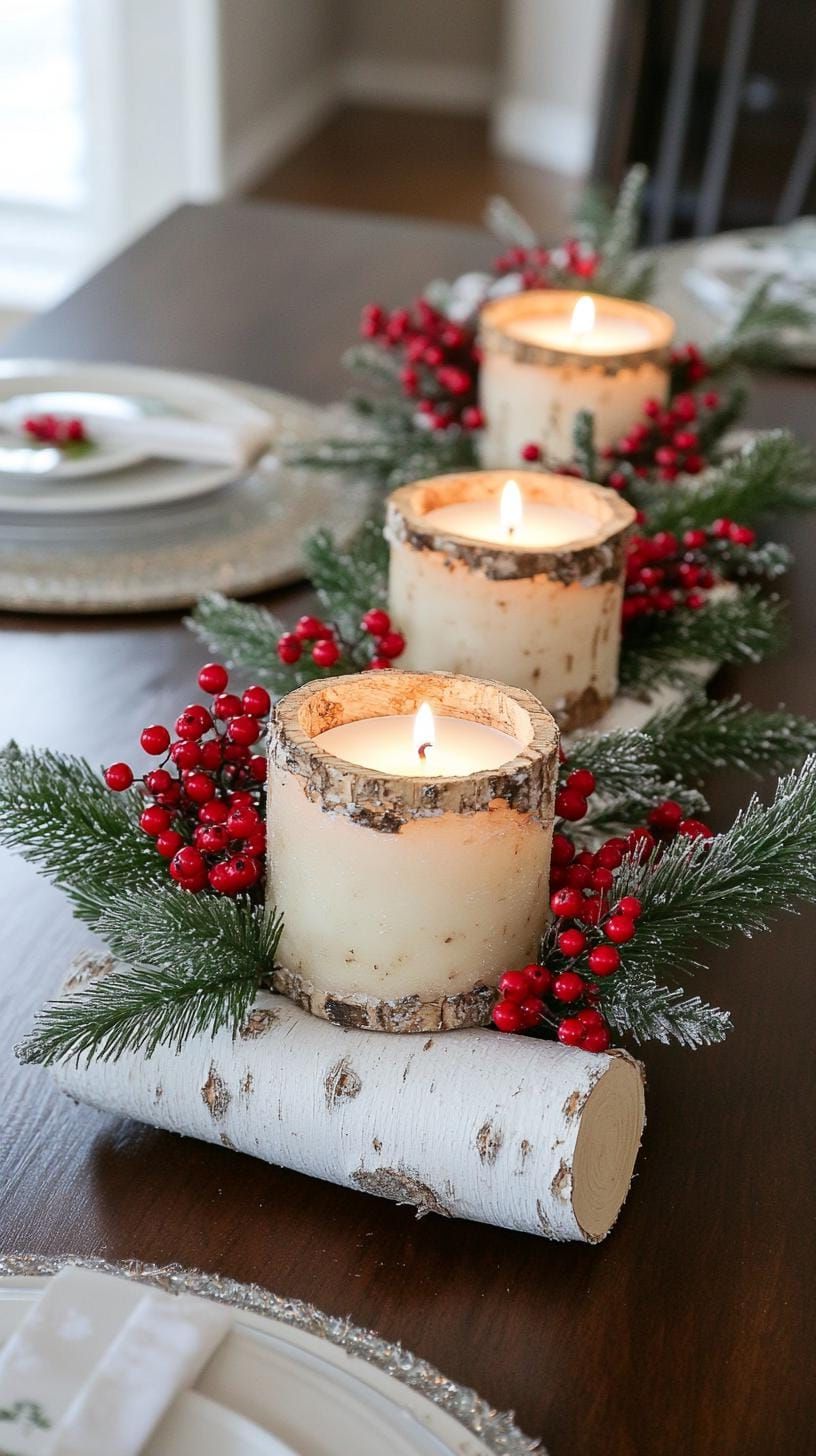 15 Stunning Winter Centerpieces to Transform Your Table 16 5. Birch Log Trio: Lay three birch logs of ascending lengths in the center, topped with white birch bark candles and sprigs of red winter berries-0