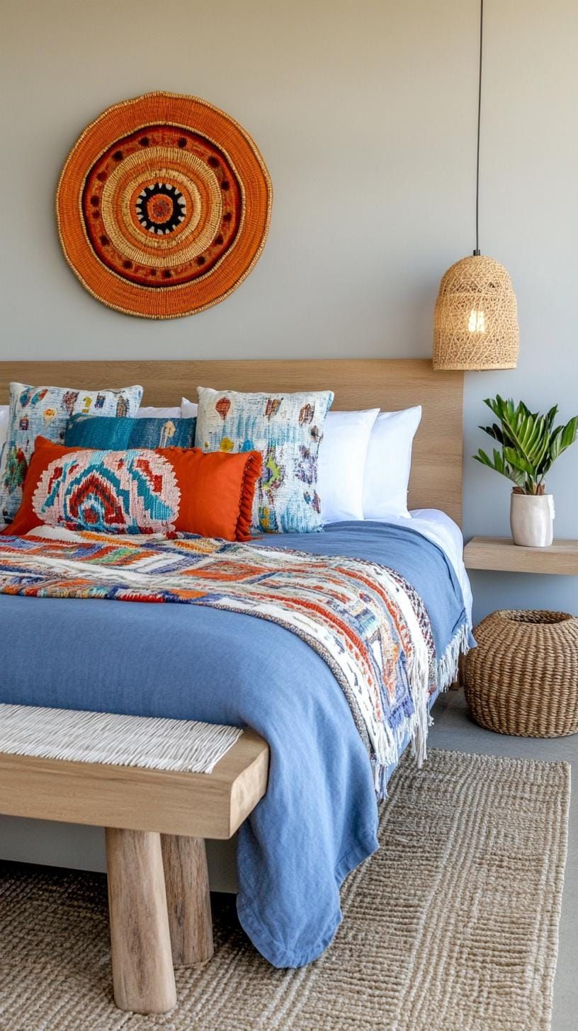 18. Whimsical Wanderer's Paradise: Mix faded denim blues with sandy beiges using exotic, travel-themed decor-2