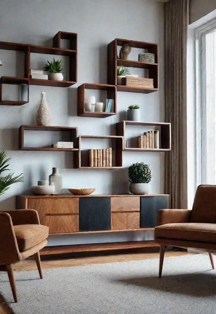 27 Beautiful Mid Century Modern Living Rooms 26 21. Geometric Wall Shelving Units-0