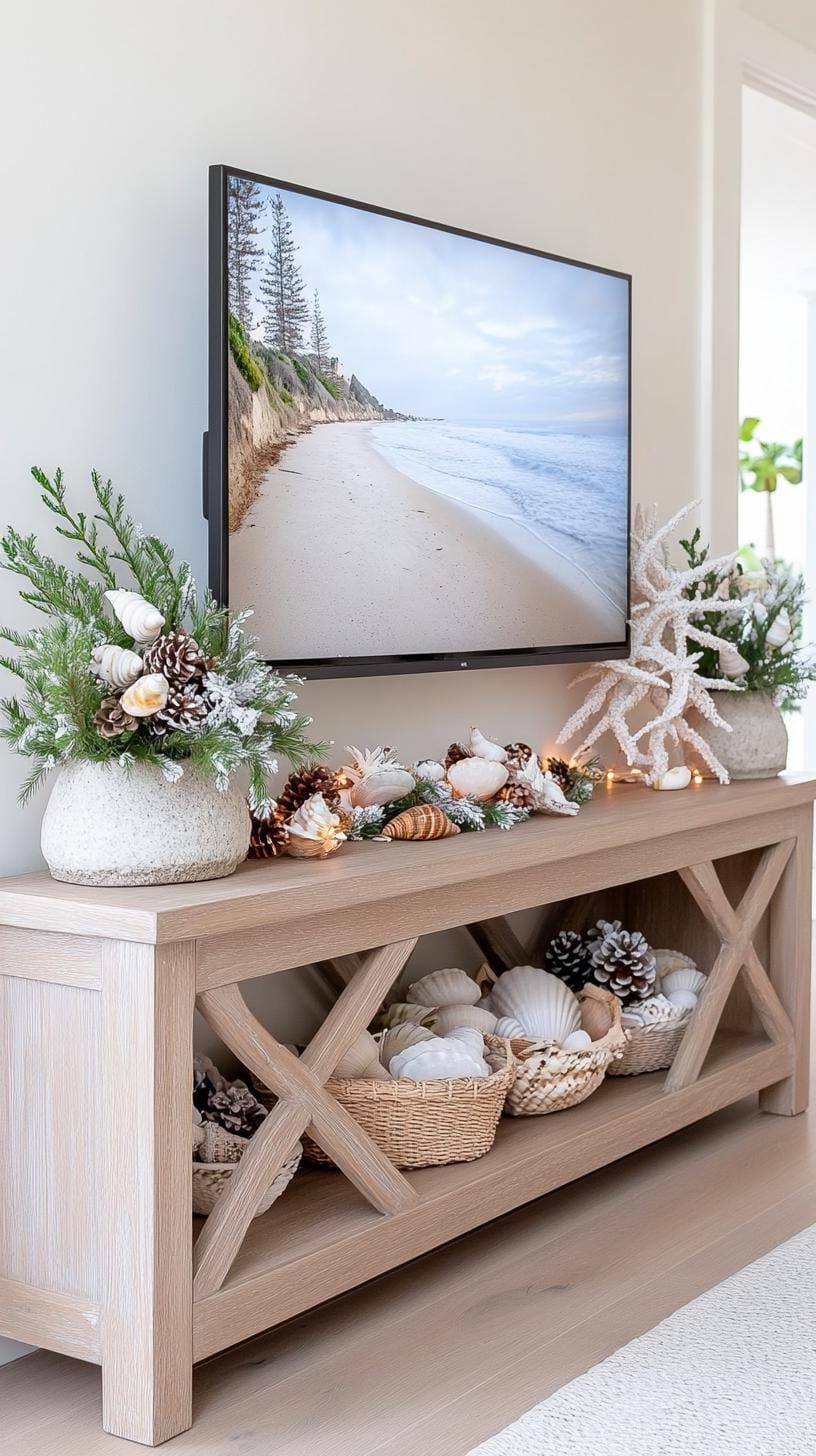 21 Trendy TV Stand Christmas Decor Ideas To Inspire You 18 8. Coastal-inspired TV stand with driftwood accents, shell decor, and a seascape painting-0