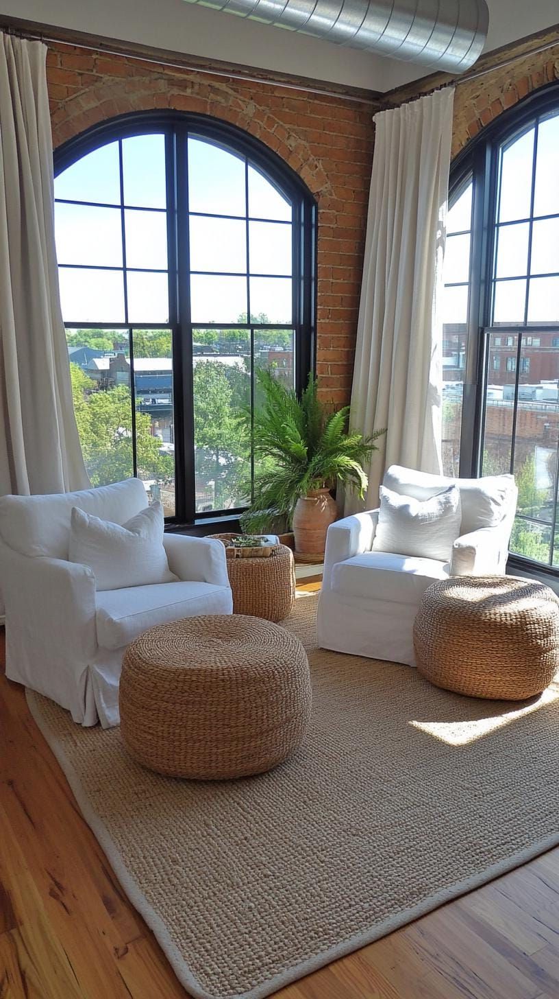 21 Best Industrial Farmhouse Living Room Ideas to Inspire 46 15. Juxtapose large industrial windows with layered linen curtains and jute ottomans for a touch of casual sophistication-2