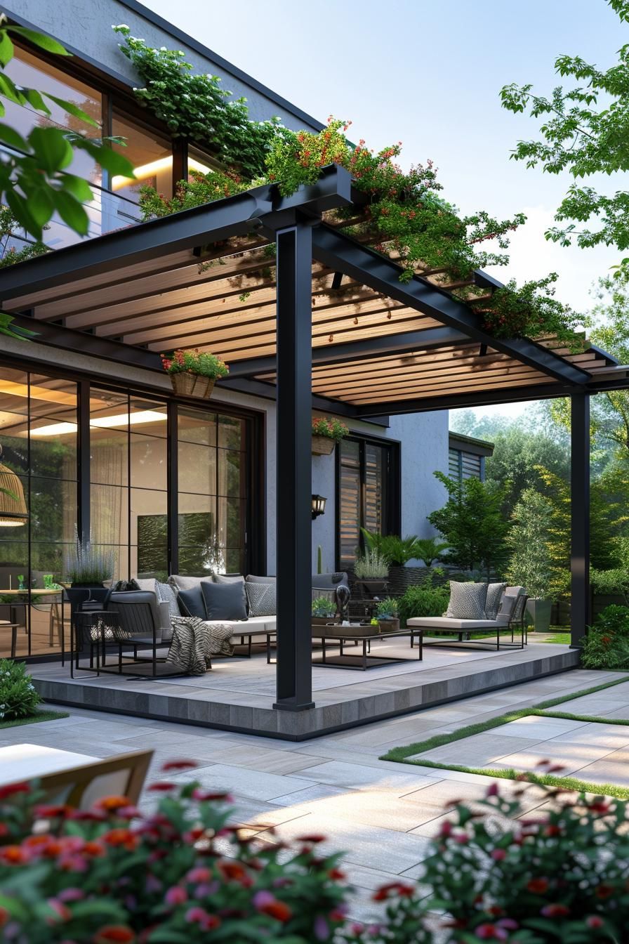 15 Stunning Pergola Patio Ideas You’ll Fall In Love With 10 4. Sleek Modern Pergola Patio Inspiration-1