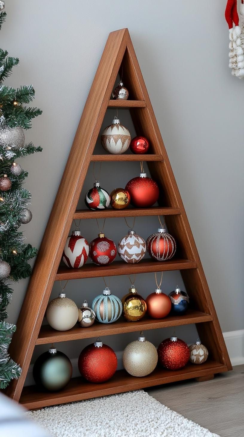 23 Vintage Mid-Century Modern Christmas Ideas to Inspire You 11 4. Triangular wooden display shelf filled with colorful ornaments-0