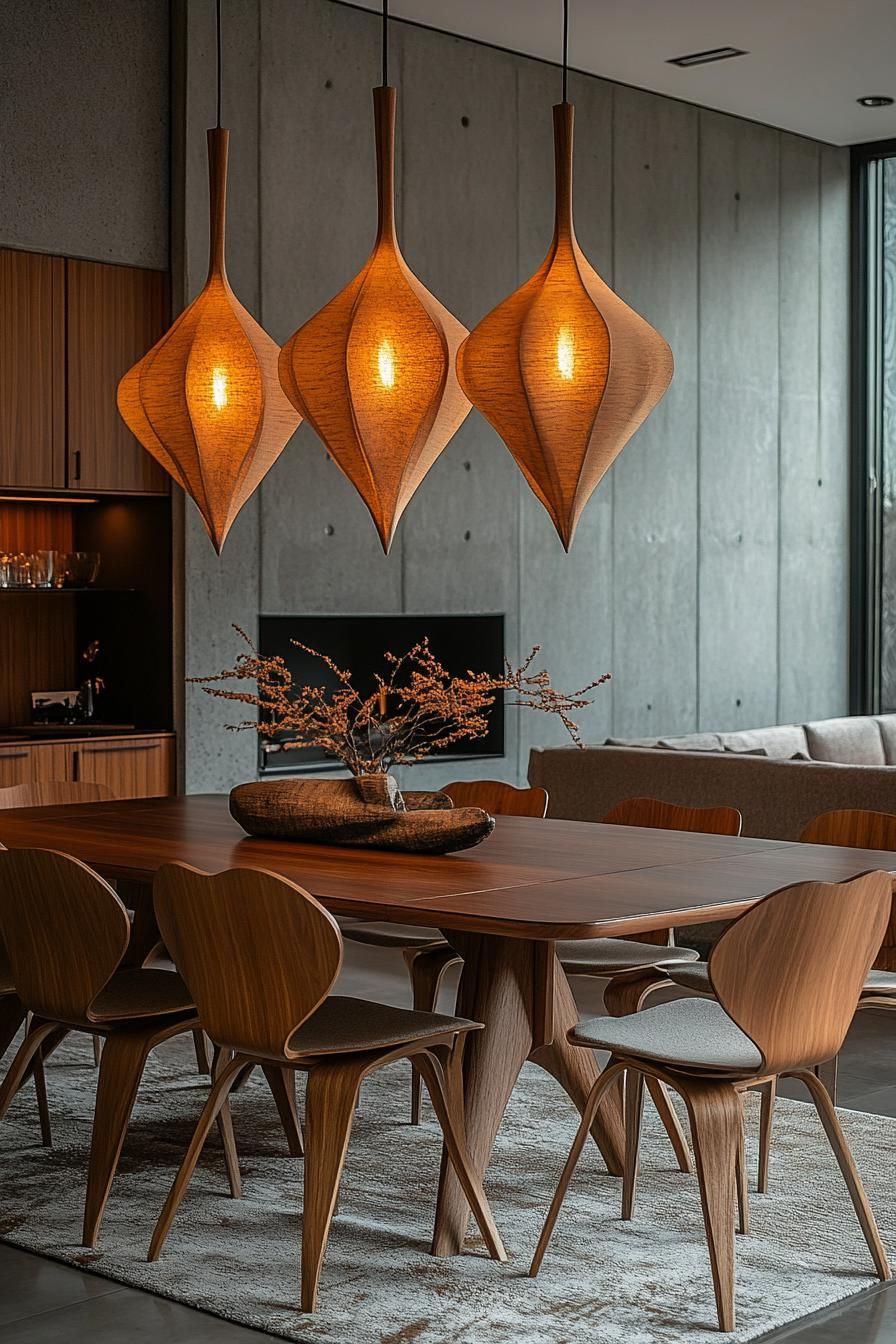 23 Stunning Mid-Century Modern Dining Tables You’ll Adore 14 5. Sculptural Pendant Lights Above Dining-1