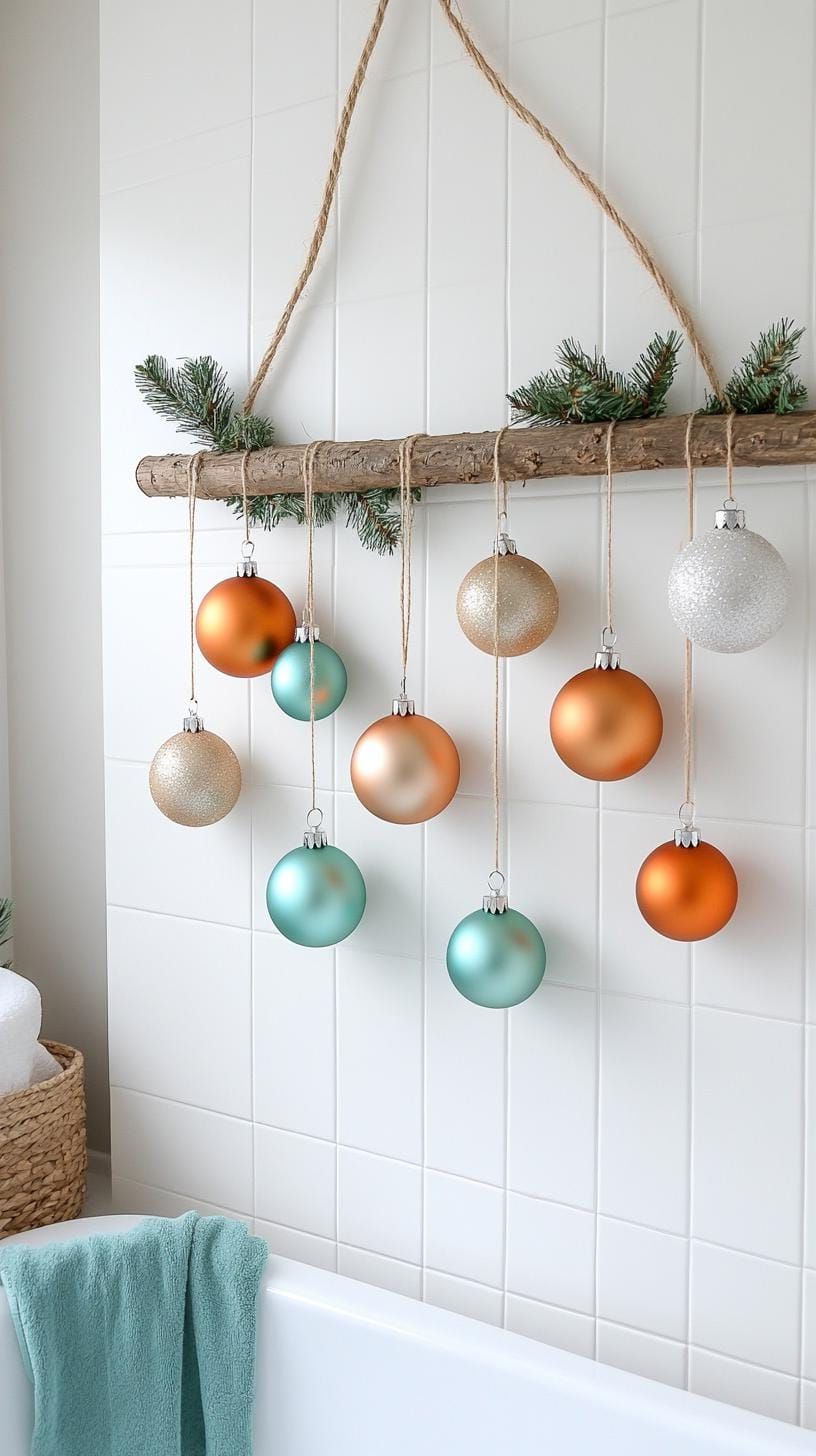 19 Simple Christmas Decor Ideas for Small Bathrooms 27 15. DIY tree wall decal with simple hanging ornaments-0