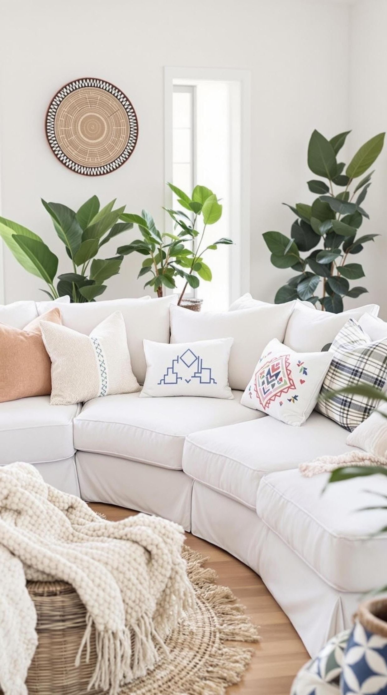 23 Unique Boho Farmhouse Living Room Ideas To Copy 50 16. Relaxed Repose: Style with a plush oversized sectional, embroidered pillows, and looped textiles, underlined by natural flooring and greenery-0