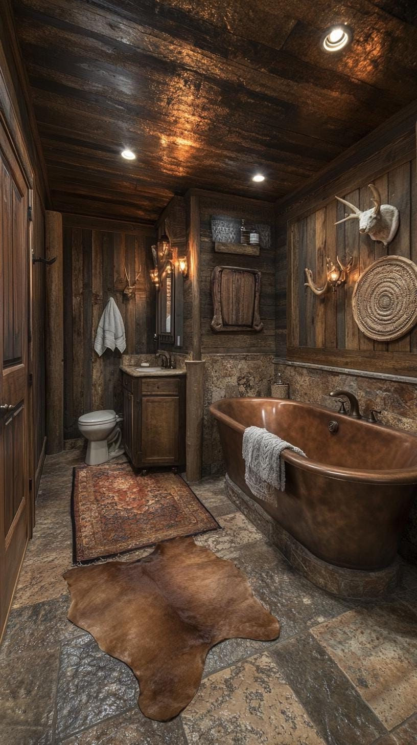 25 Chic Ranch House Decor Ideas for Modern Rustic Living 66 20. Bathroom with wood details, Western-themed shower curtain, and antlers-0