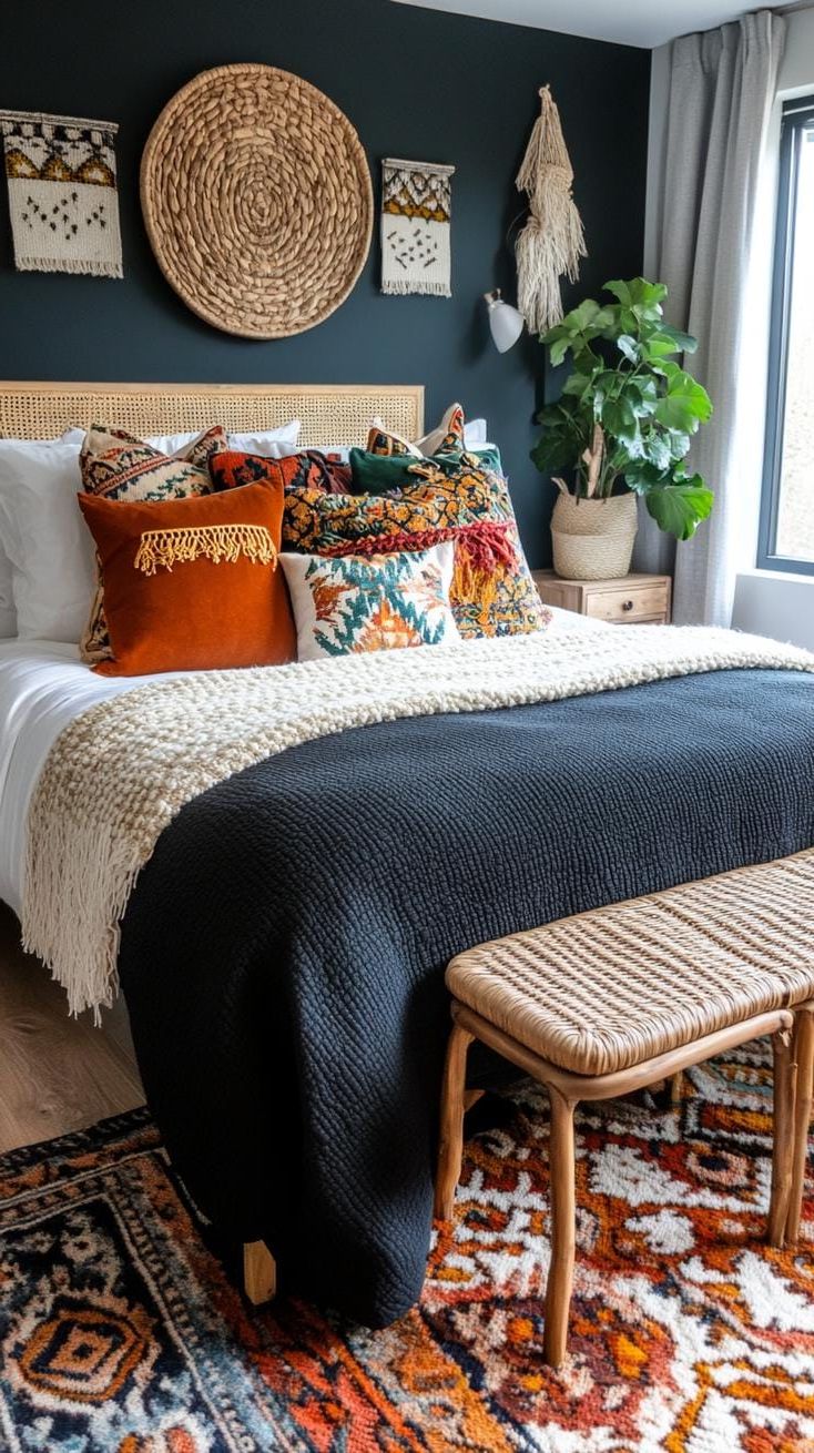 12. Mismatched boho pillows and throws on a dark bedspread-0
