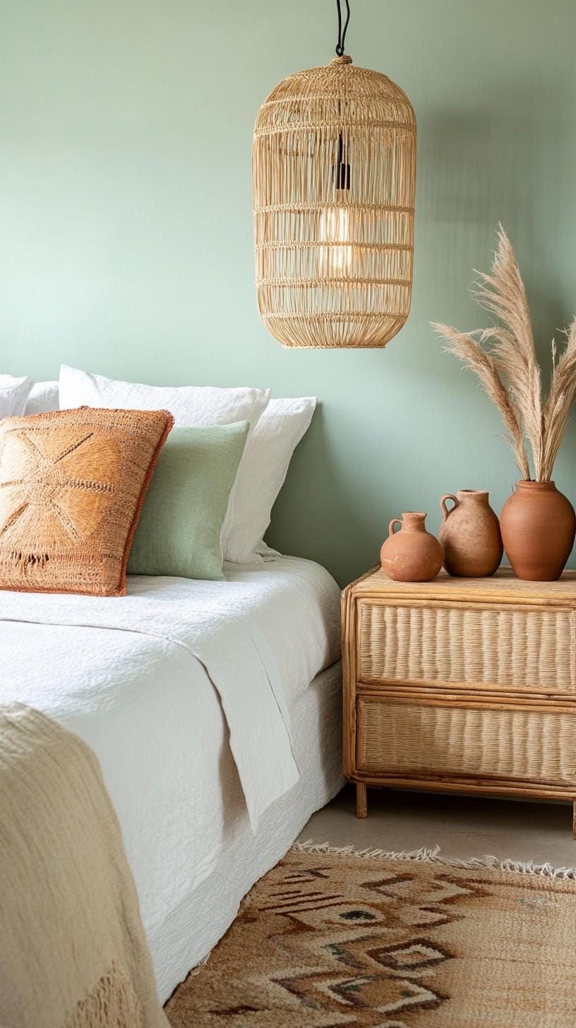 6. Earthy Elegance: Mix sage walls with terracotta pottery accents and woven straw lighting fixtures-0