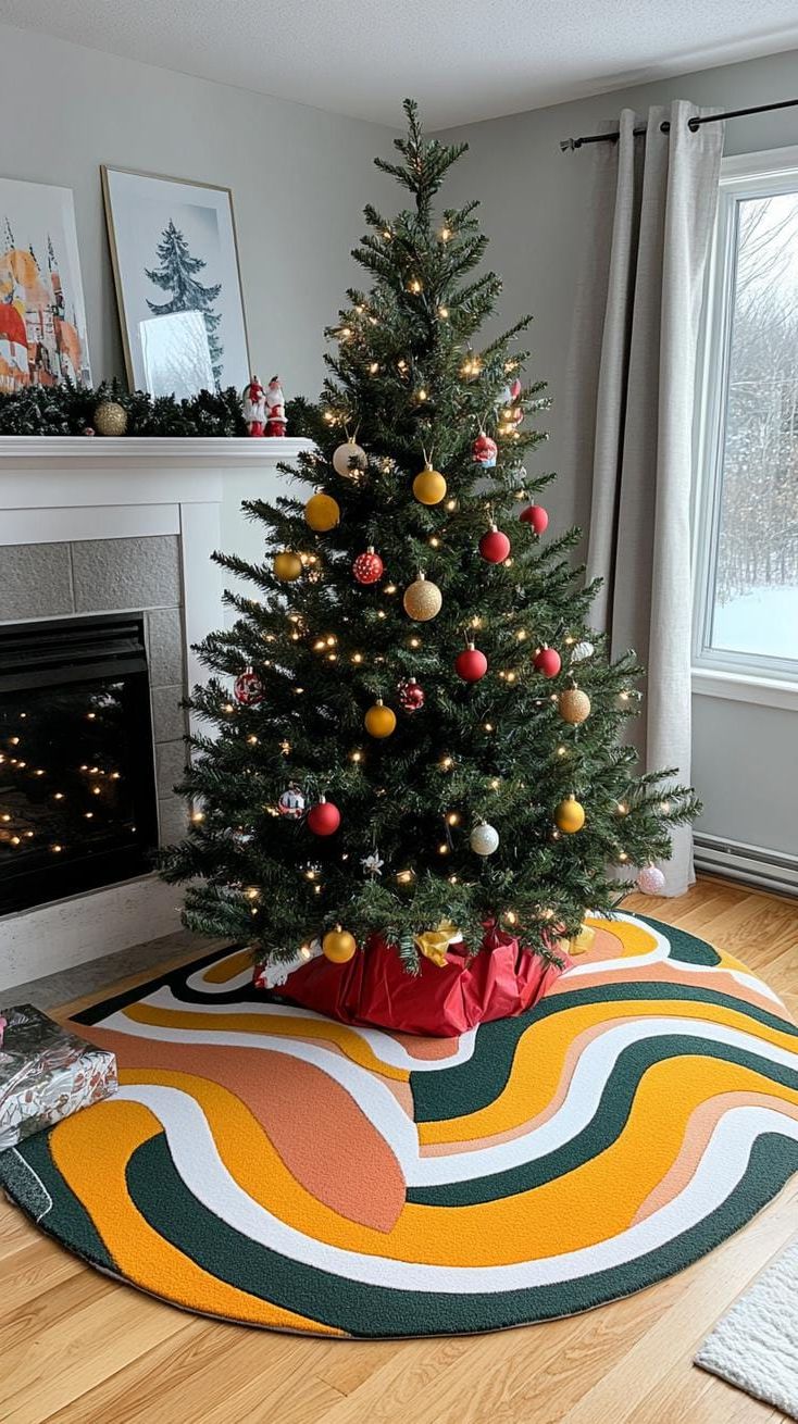 23 Vintage Mid-Century Modern Christmas Ideas to Inspire You 30 12. Boomerang pattern tree skirt in yellow and pink-1