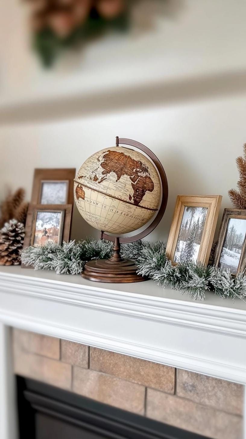19 Best Winter Mantle Decor Ideas To Cozy Up Your Home In 2025 38 15. Globe & Travel Photo Centerpiece-0