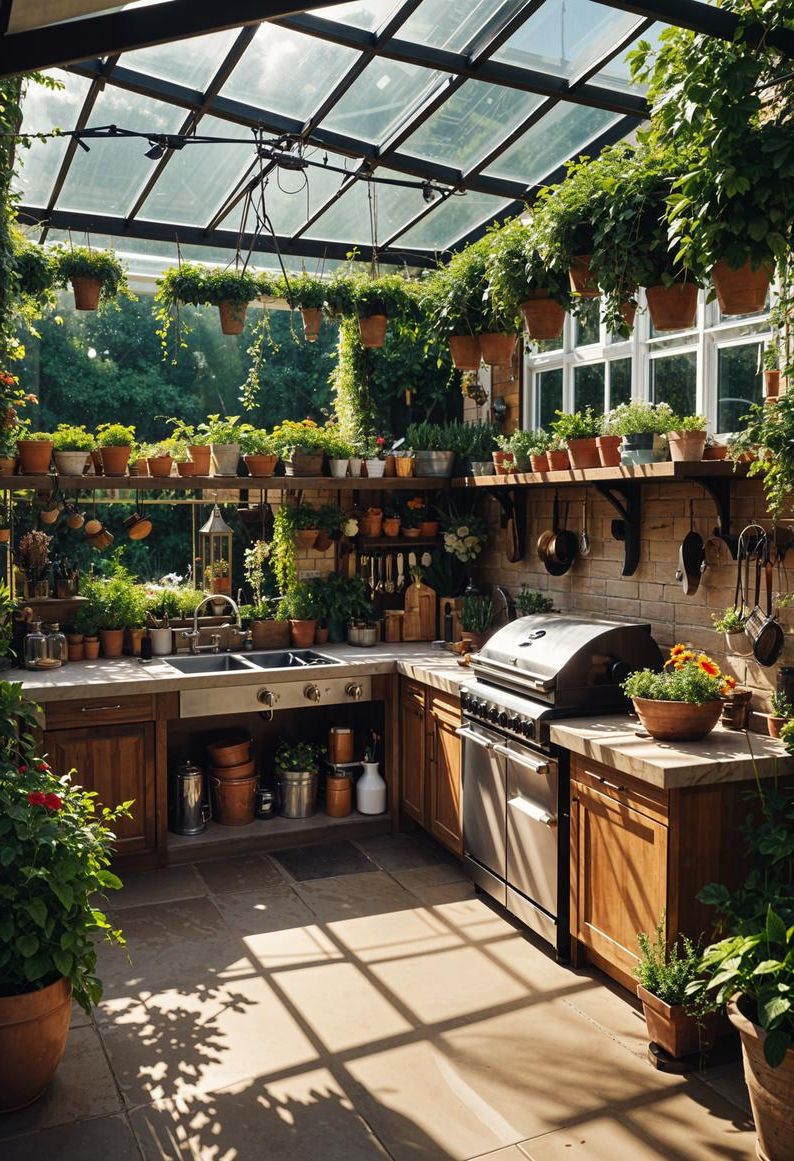 21 Stunning Outdoor Kitchen Patio Ideas (NEW) 40 15. Greenhouse Garden Oasis Kitchen-0