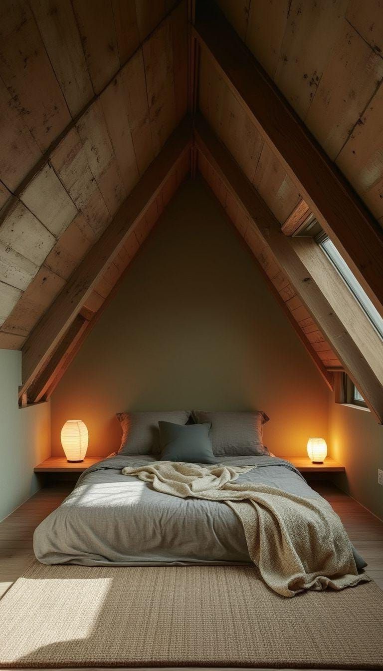 20 Super Cozy Small Attic Bedroom Ideas to Explore Today 9 3. Japanese Zen Space with tatami mats and earthy color palette-0