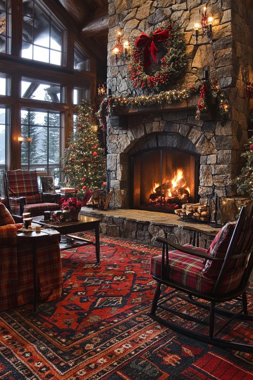 21 Cozy Mountain Lodge Christmas Decor Ideas 14 5. Rustic Christmas Chair Throws Ideas-1