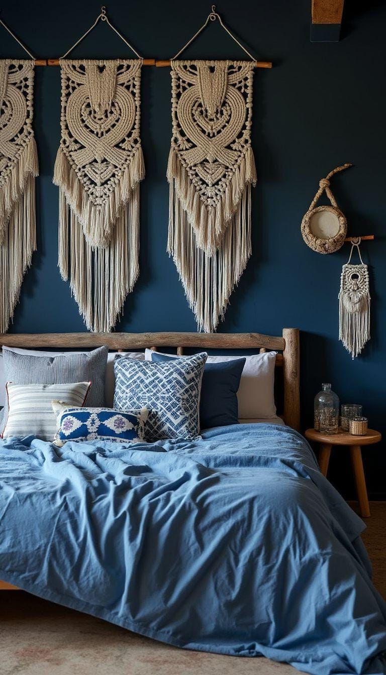 21 Best Blue Boho Bedroom Ideas To Inspire You 3 1. Indigo Dreams: A mix of deep indigo hues with natural wood accents and macramé wall hangings-0