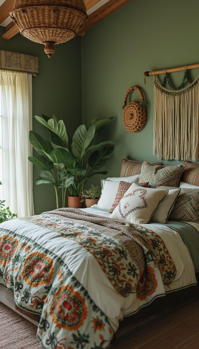 12. Mismatched Wonders: Integrate various boho prints in bed linens, combining them with sage for a harmonious yet eclectic look-0