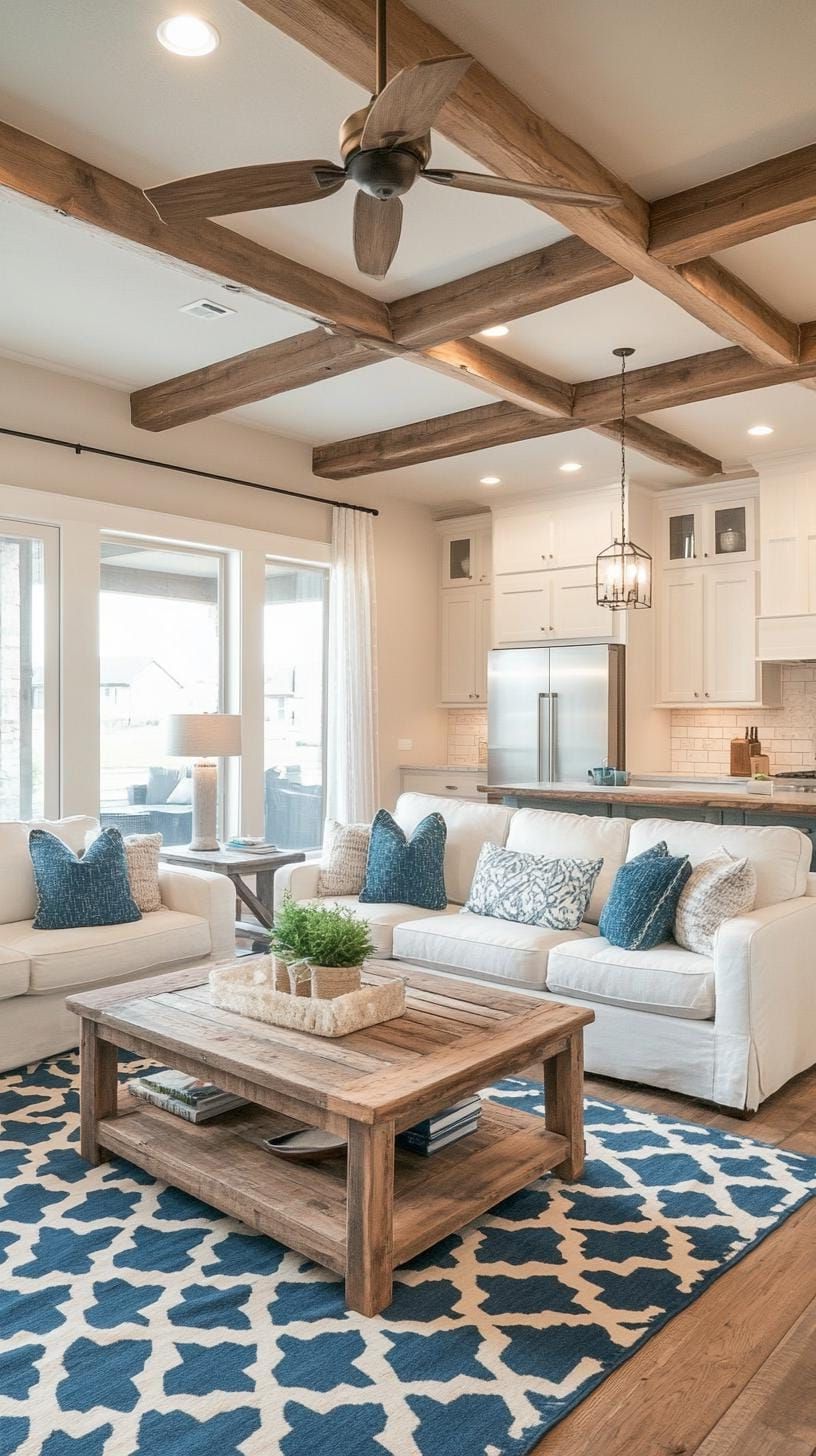 23 Best Modern Farmhouse Living Room Ideas To Inspire You 46 15. Subtle Pops of Color with Distressed Wooden Accent Pieces-2
