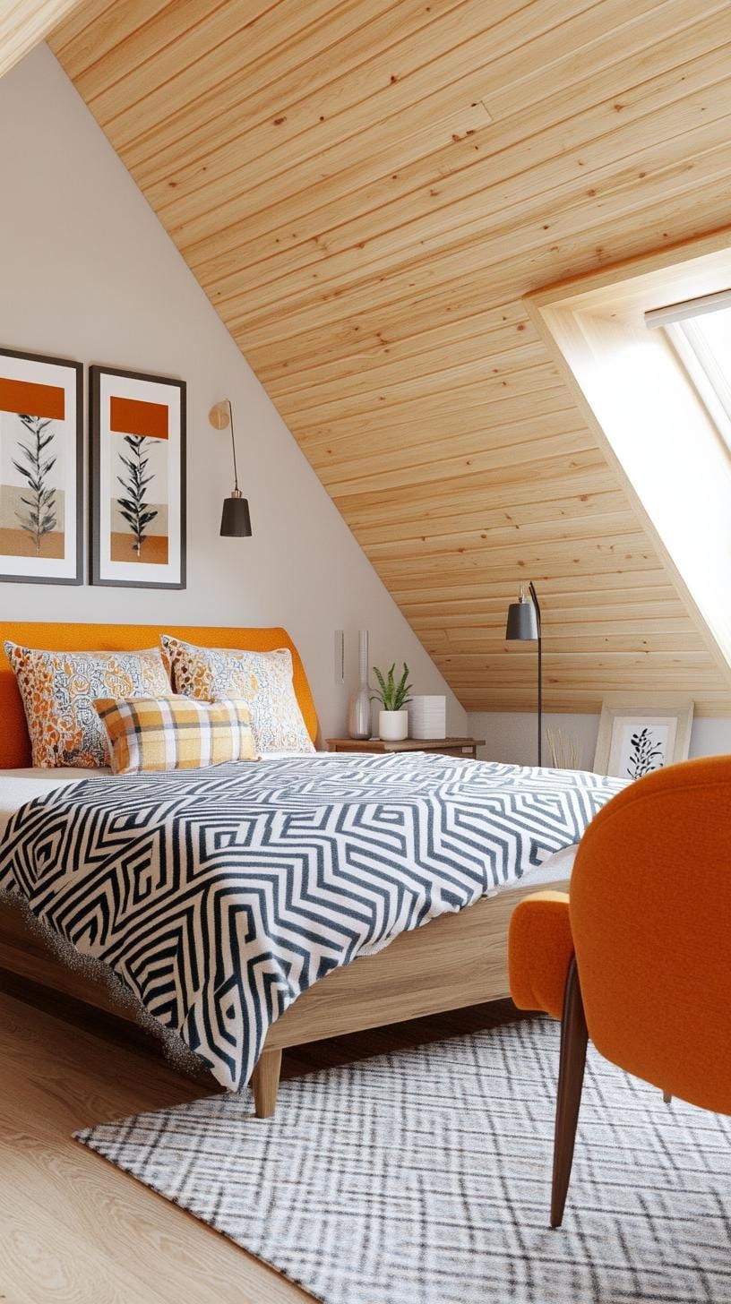 21 Cute Attic Bedroom Ideas You Will Love 20 6. Achieve mid-century modern vibes using walnut furnishings, geometric patterns, and burnt orange accents-1