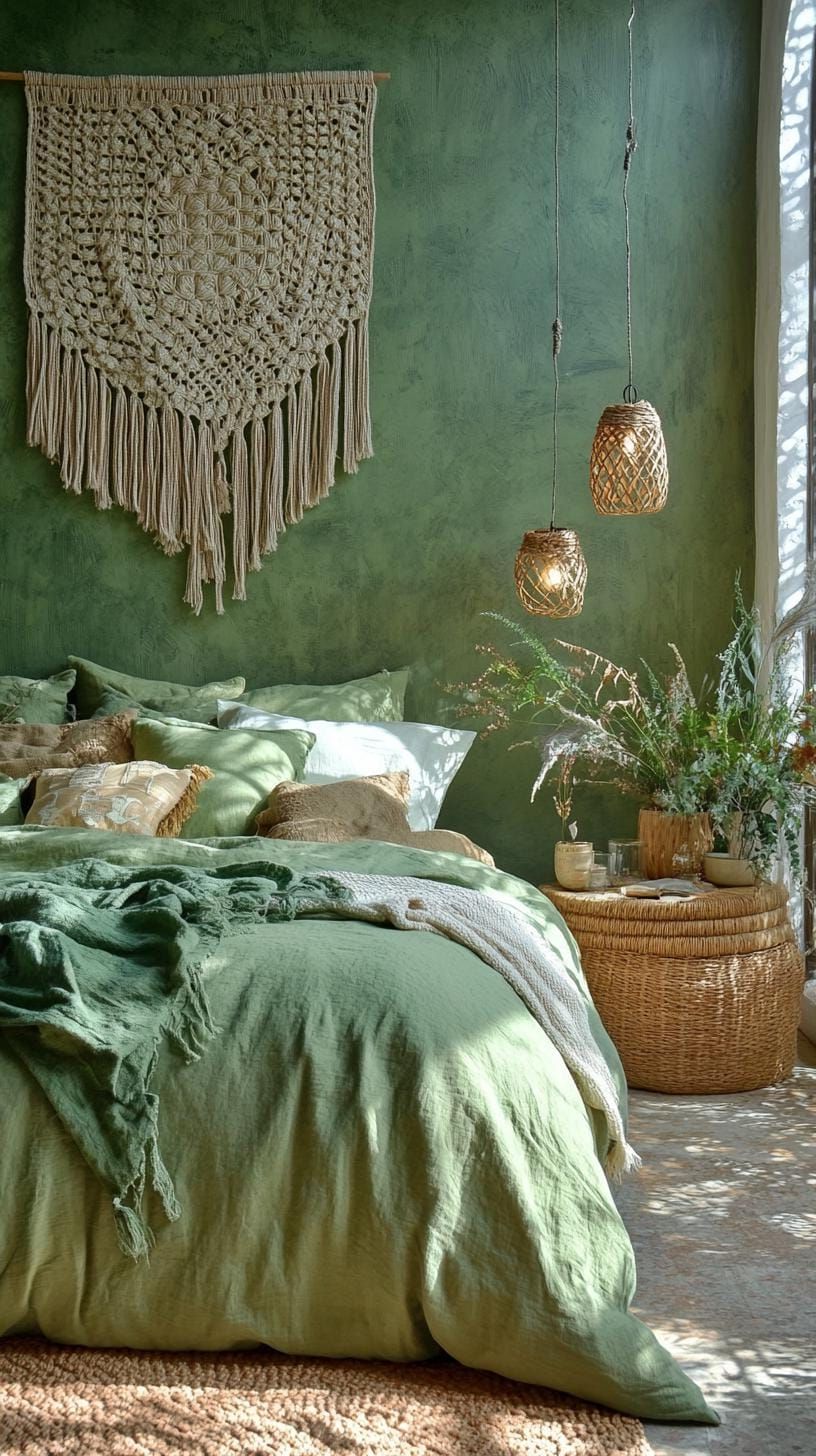 23 Stunning Olive Green Bedroom Ideas You’ll Absolutely Love 11 3. Bohemian Olive Green Bedroom with Macramé and Ratan Pieces-1