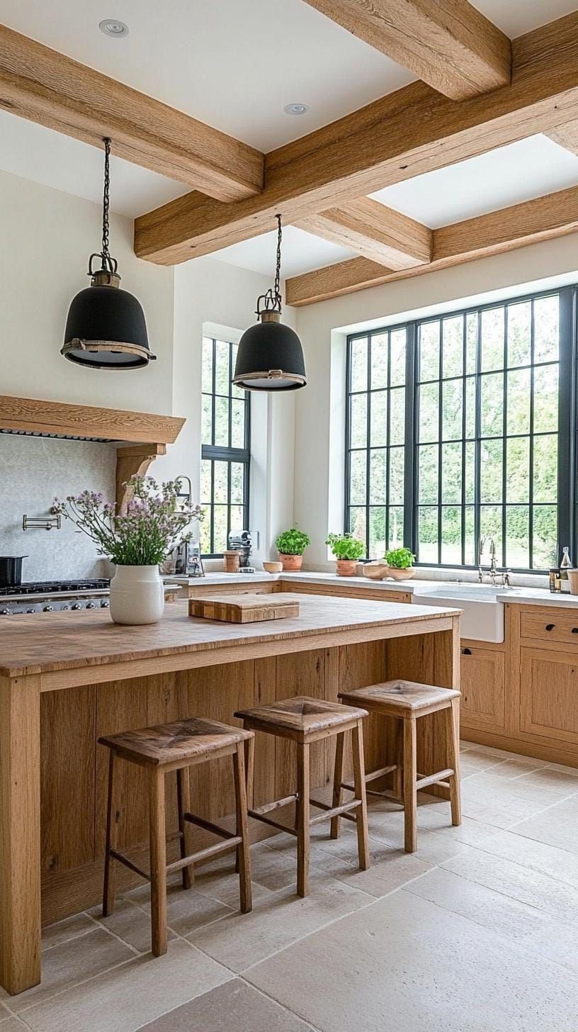 25 Chic Ranch House Decor Ideas for Modern Rustic Living 38 12. Kitchen with exposed wood beams, large windows, and country charm-0