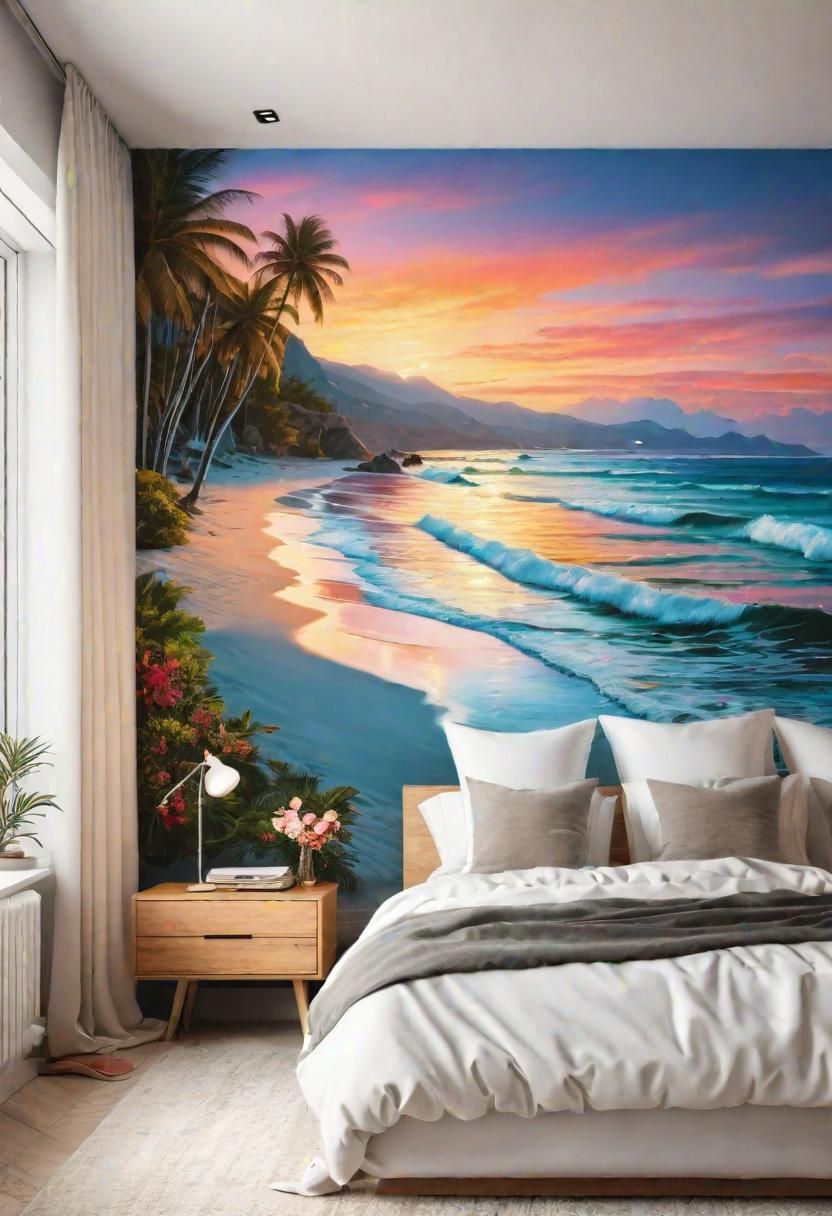 43 Relaxing Coastal Bedrooms for Breezy Retreats 18 16. Beach Sunset Accent Wall-0