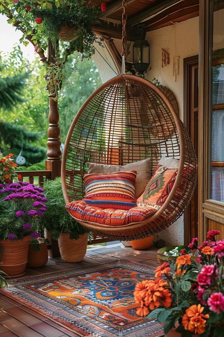 15 Chic Boho Patio Ideas You’ll Love 10 4. Colorful Boho Patio Egg Chair-0