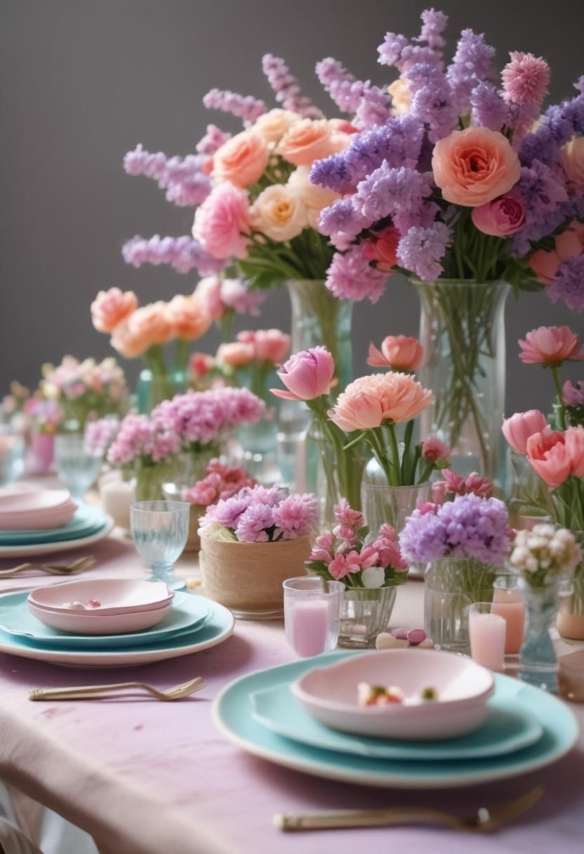 21 Stunning Easter Tablescape Ideas: Festive and Elegant Table Settings 6 3. Soft Pastel Rainbow Tablescapes-1