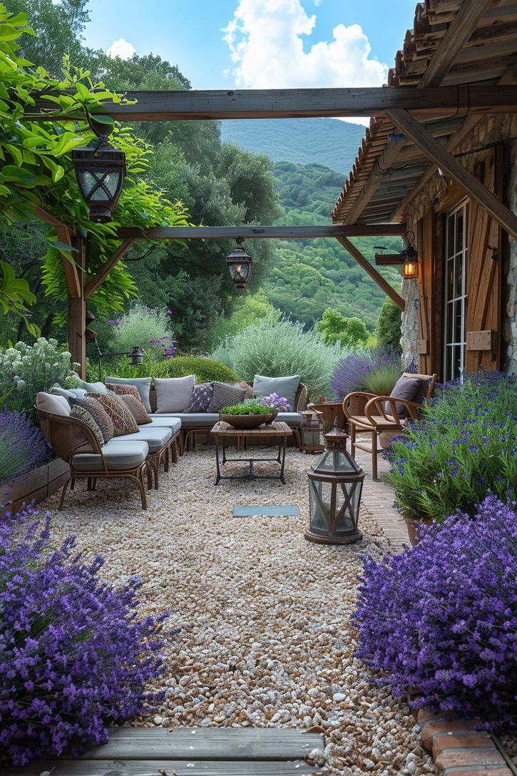 18 Gorgeous Gravel Patio Ideas For Your Backyard Makeover 37 14. French Country Gravel Retreat & Lavender-0