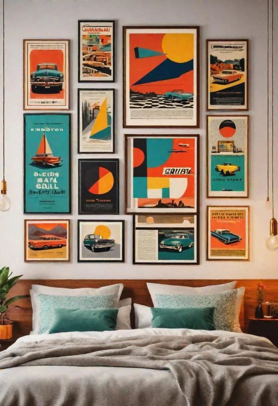 41 Mid Century Modern Bedrooms: Retro Chic for Timeless Elegance 41 36. Vintage Poster Gallery Wall Tutorial