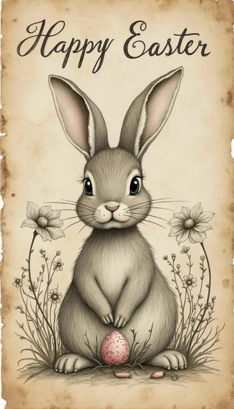 Hand-drawn bunny on vintage Easter greeting card 1