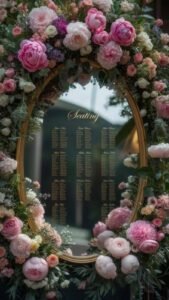 Mirror seating chart surrounded by lush floral decor 1