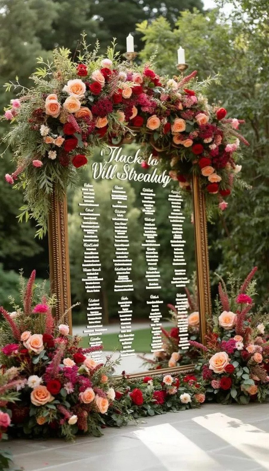 21 Dreamy Garden Wedding Decor Ideas 20 Mirror seating chart surrounded by lush floral decor 2