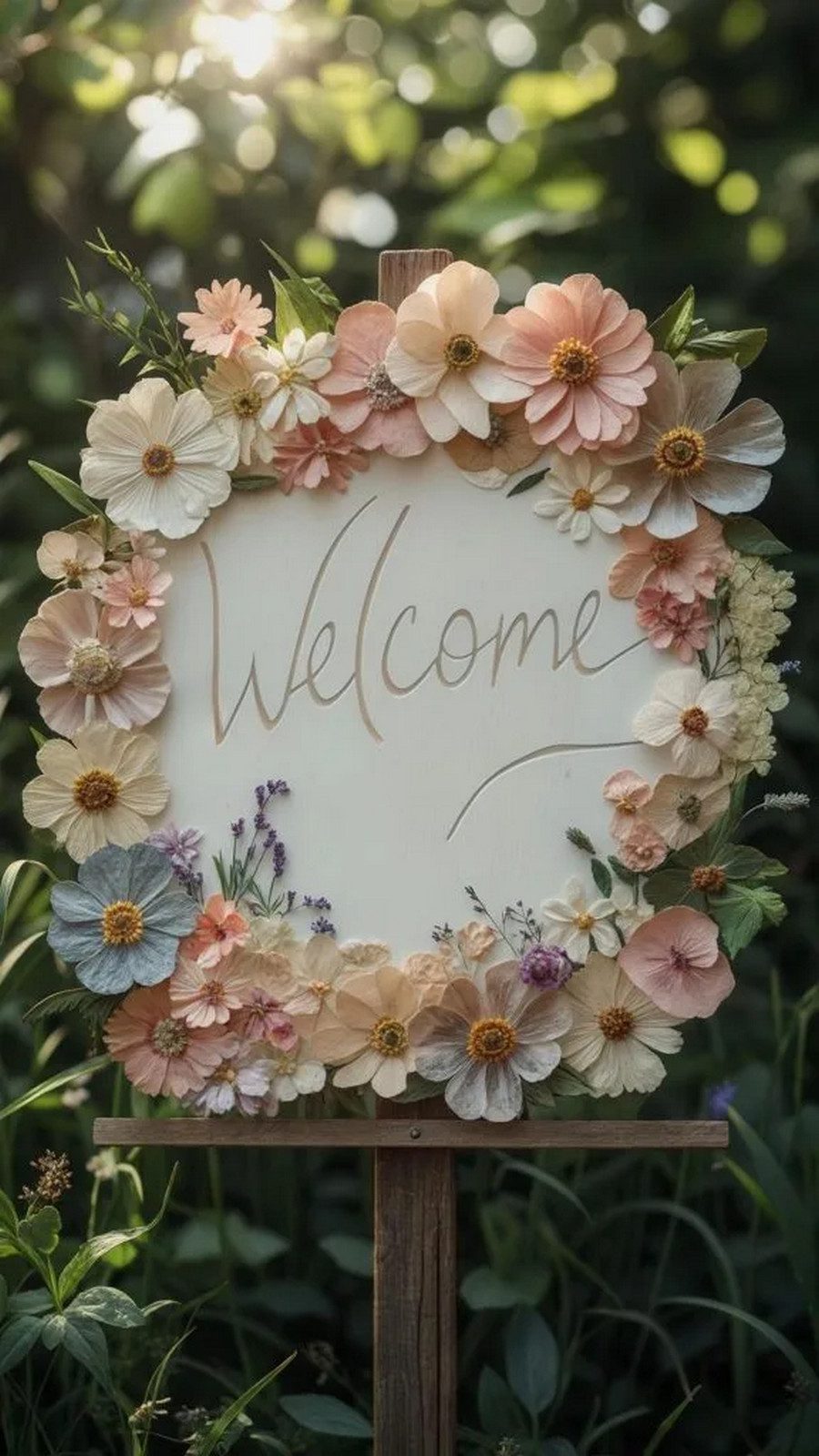 21 Dreamy Garden Wedding Decor Ideas 13 Whimsical boho welcome sign with pressed flowers 1
