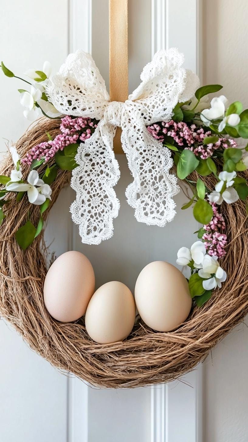 21 Trendy Easter Decor Ideas For 2025 20 8. Twine-wrapped Easter wreath with delicate lace bow-0