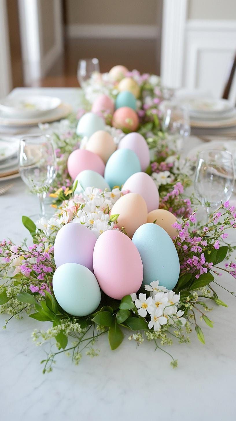 21 Trendy Easter Decor Ideas For 2025 51 19. Floral Easter egg arrangement with bright wildflowers-0
